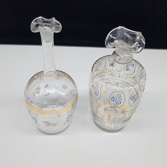 Bohemian Blown Glass Decanters Hand Painted Blue Enamel Gold Paint 7.5" - Picture 2 of 13